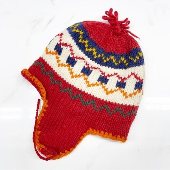 Pure Wool Hand Knitted Red Multicolored Ear Flaps Winter Hat Toboggan Beanie - Picture 1 of 5